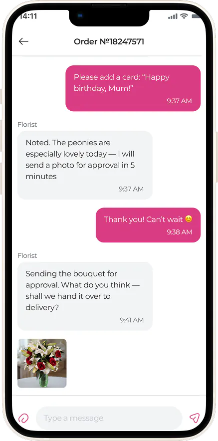 Chat with a florist in the MyGlobalFlowers app