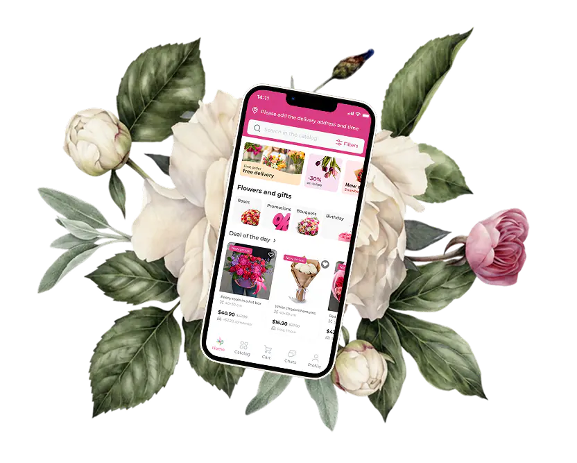 MyGlobalFlowers app catalogue on a smartphone surrounded by peonies
