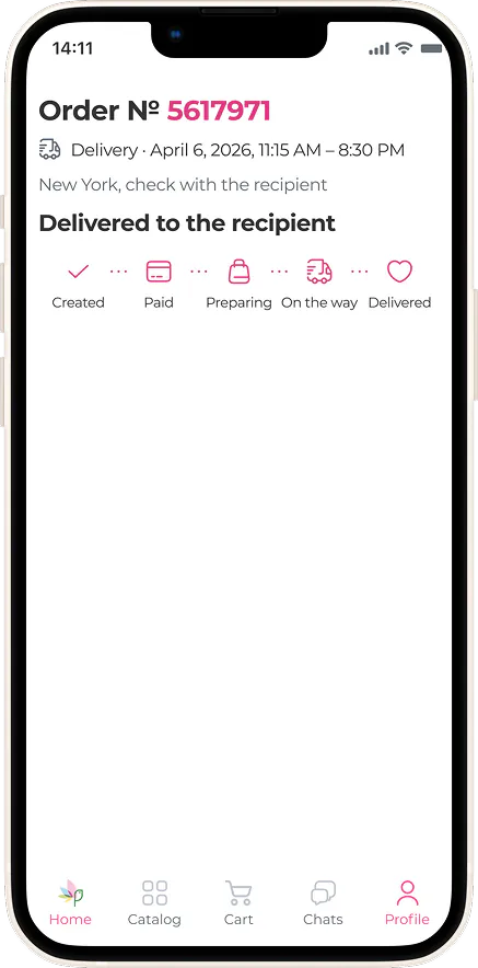 Order status screen in the MyGlobalFlowers app: delivered to the recipient
