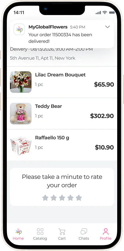 Push notification about a delivered order in the MyGlobalFlowers app