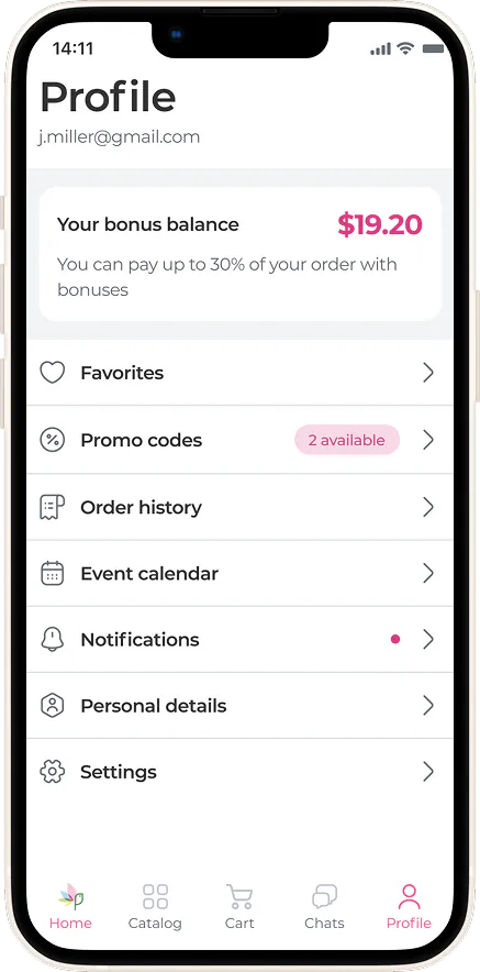 Profile with the bonus balance in the MyGlobalFlowers app